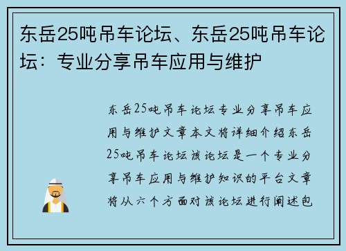 东岳25吨吊车论坛、东岳25吨吊车论坛：专业分享吊车应用与维护