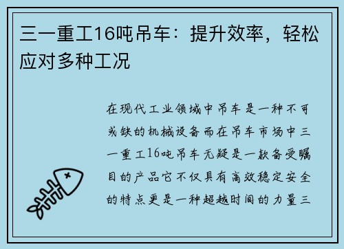 三一重工16吨吊车：提升效率，轻松应对多种工况