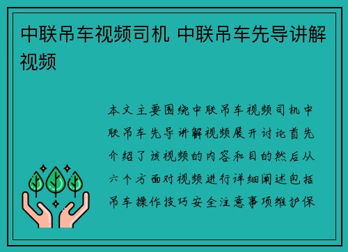 中联吊车视频司机 中联吊车先导讲解视频